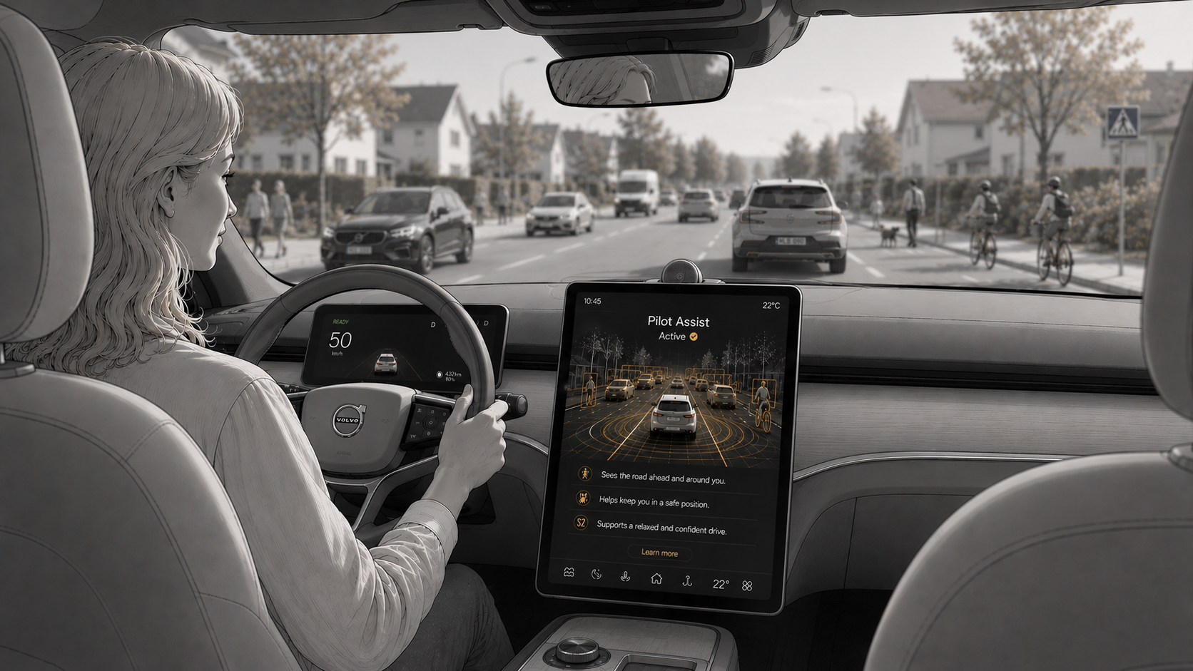Concept illustration of a driver in a Volvo, with the centre display explaining Pilot Assist and the surrounding road environment.