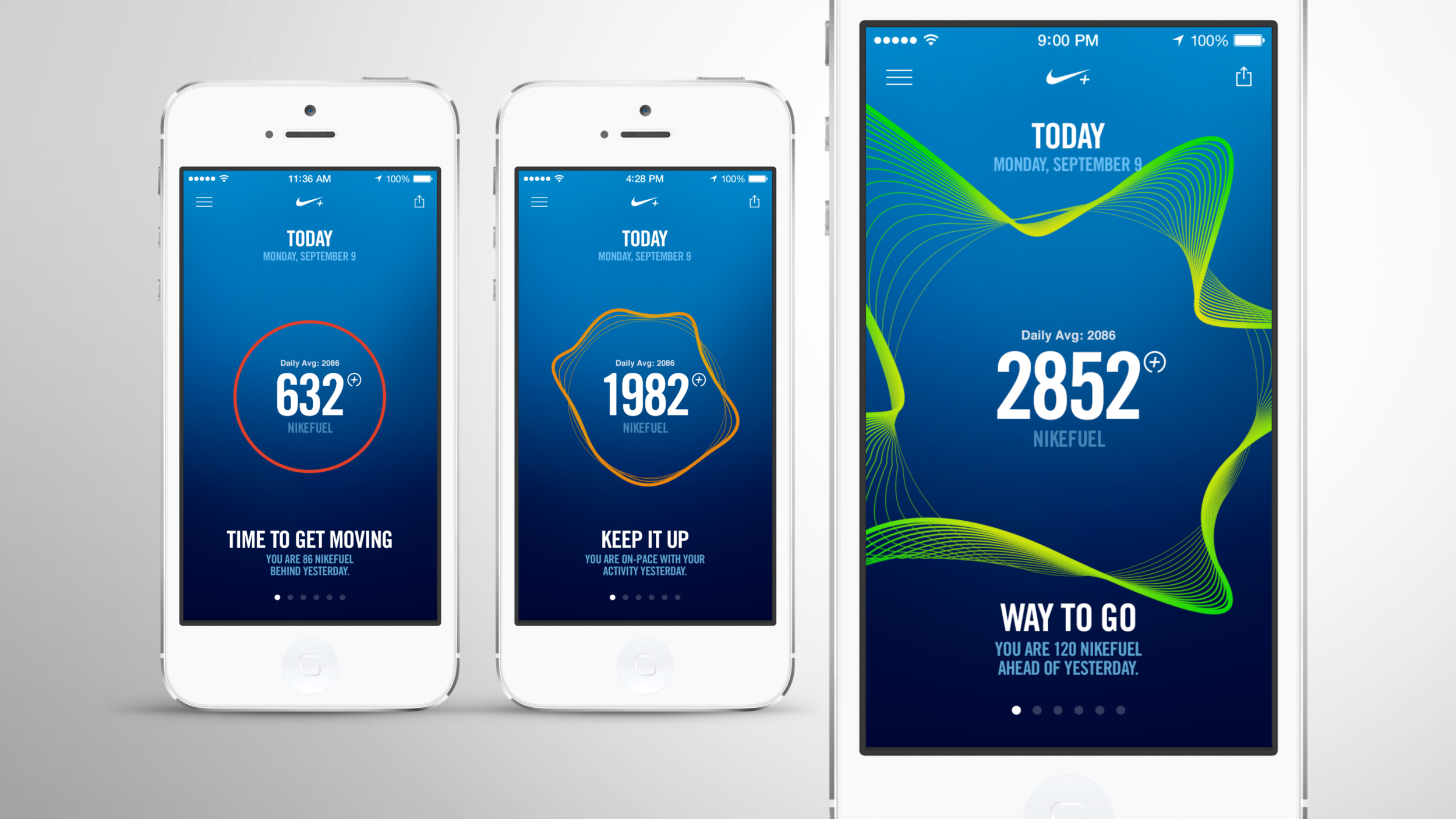Three Nike+ iPhone screens showing daily NikeFuel progress and activity goals.