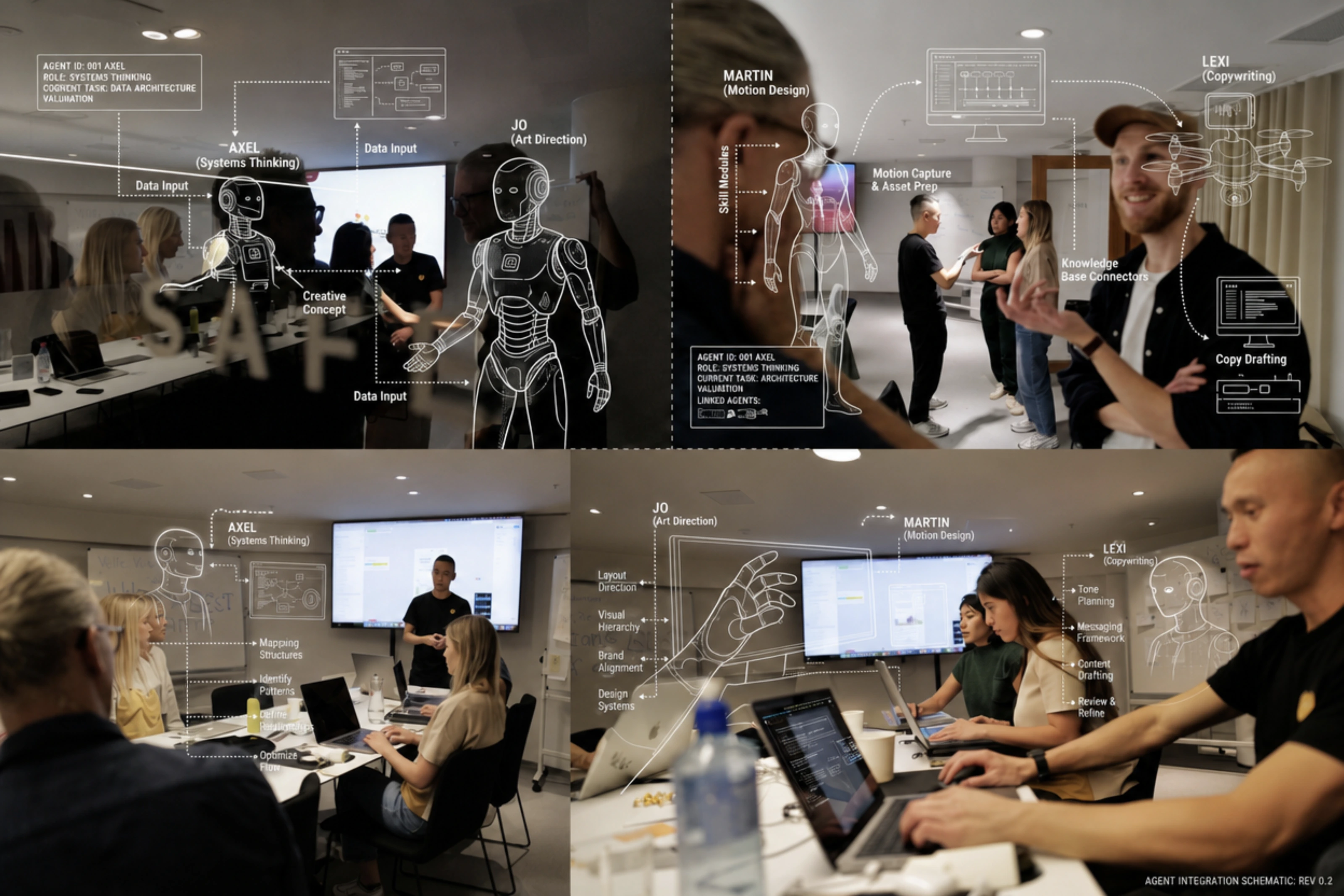 Four-panel workshop collage with illustrated agent roles and connections overlaid on photographs of people collaborating.