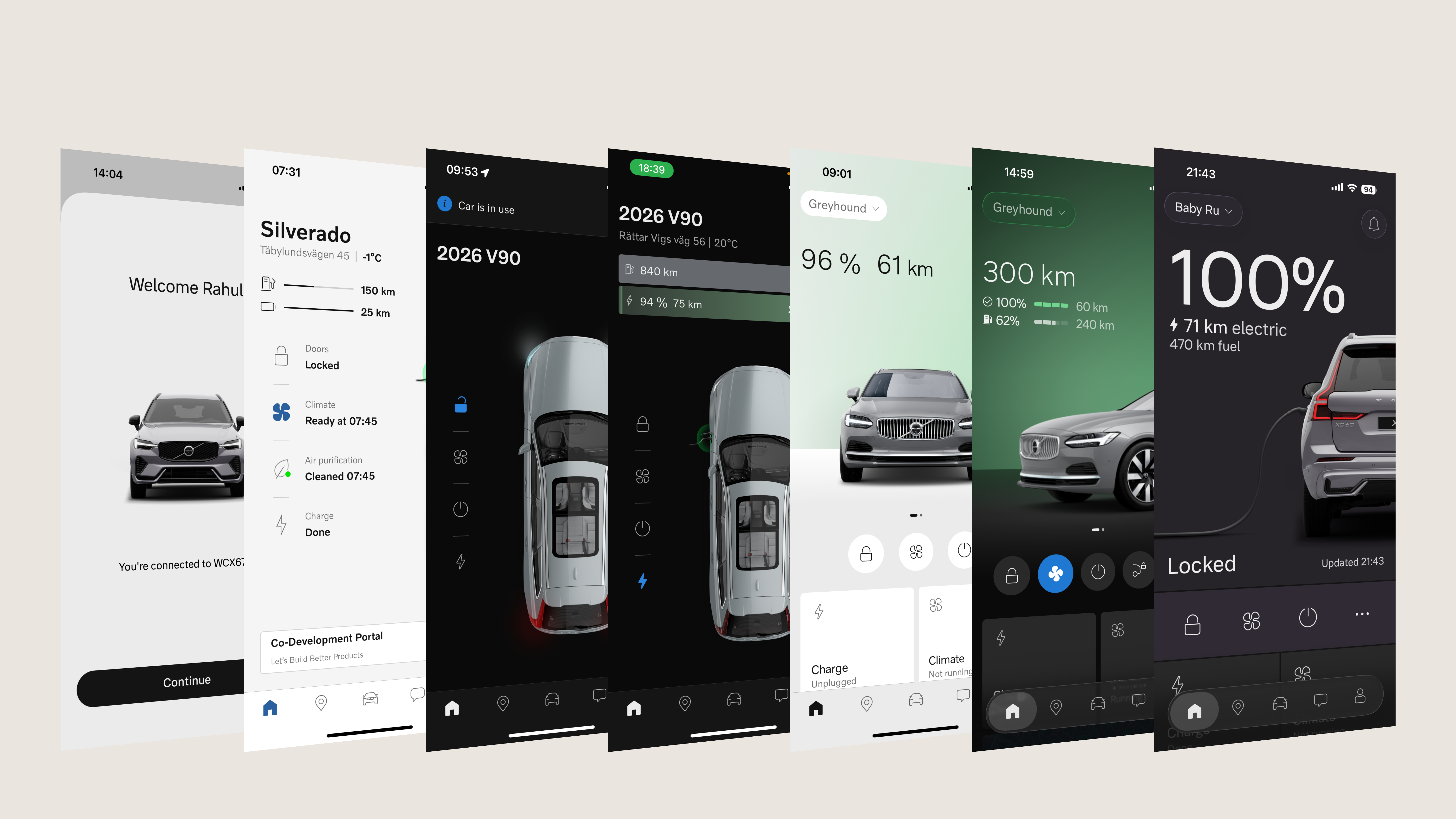 Evolution of the Volvo Cars app, showing vehicle status and controls across successive interface designs.